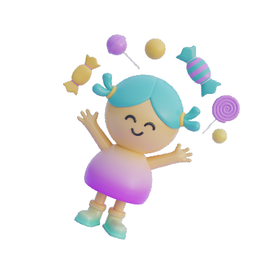 personaje de una niña en 3D feliz rodeada de golosinas-El bosque encantado