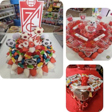 Tarta y cesta de chocolates kínder surtido.